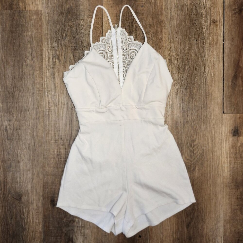 💐🤍Boutique Cherry Mellow White Lace Trim Cami Romper Bridal Beach Cover-Up-S